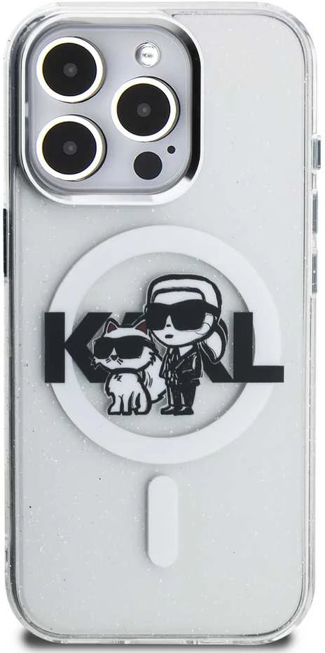 Karl Lagerfeld IML Glitter Karl and Choupette Sketch MagSafe dėklas Apple iPhone 15 Pro Max skaidrus