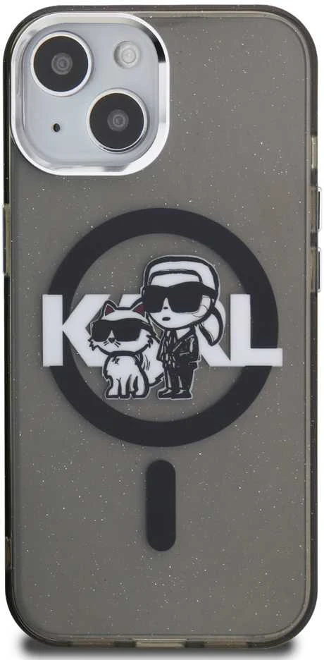 Karl Lagerfeld IML Glitter Karl and Choupette Sketch MagSafe dėklas Apple iPhone 15 juodos spalvos