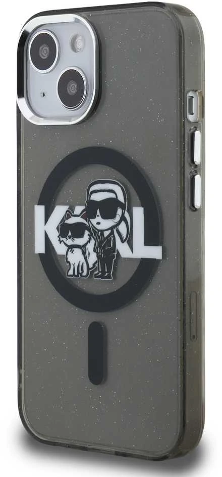 Karl Lagerfeld IML Glitter Karl and Choupette Sketch MagSafe dėklas Apple iPhone 15 juodos spalvos