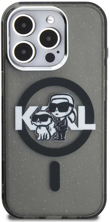 Karl Lagerfeld IML Glitter Karl and Choupette Sketch MagSafe dėklas Apple iPhone 15 Pro Max juodos spalvos