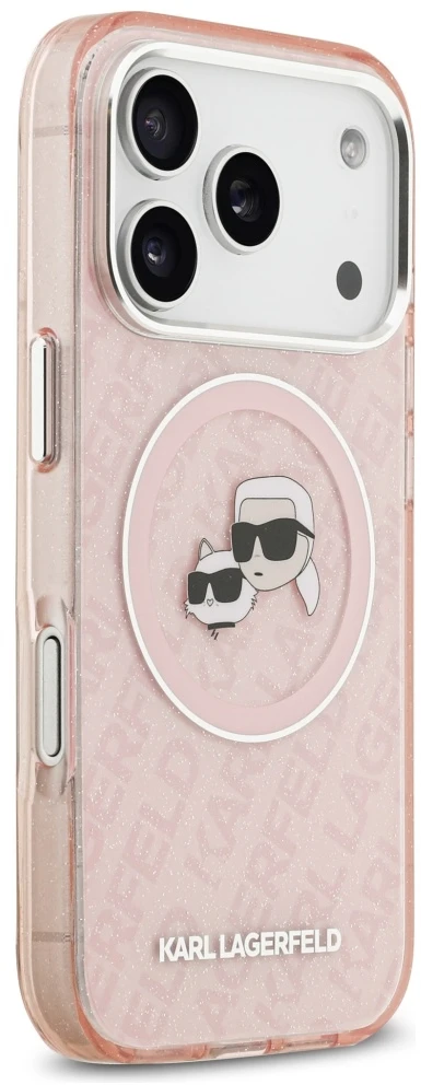 Karl Lagerfeld IML Glitter Karl & Choupette Heads Logo MagSafe dėklas iPhone 17 Pro rožinės spalvos