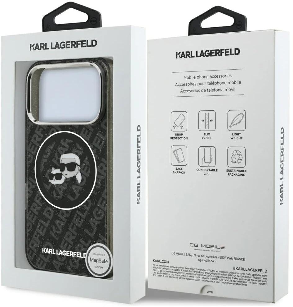 Dėklas Karl Lagerfeld IML Glitter Karl & Choupette Heads Logo MagSafe, skirtas iPhone 17 Pro, juodas