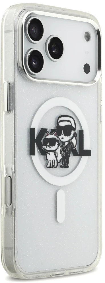 Karl Lagerfeld IML Glitter Karl & Choupette Sketch Logo MagSafe dėklas, skirtas iPhone 17 Pro Max, skaidrus