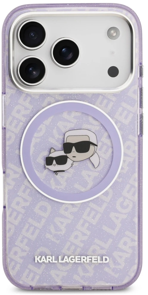 Karl Lagerfeld IML Glitter Karl & Choupette Heads Logo MagSafe dėklas skirtas Apple iPhone 17 Pro Violetinė