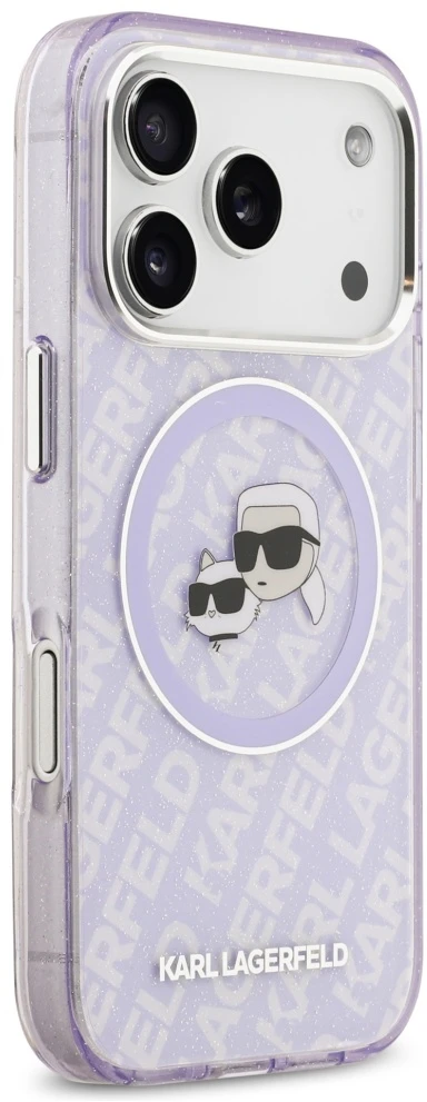 Karl Lagerfeld IML Glitter Karl & Choupette Heads Logo MagSafe dėklas skirtas Apple iPhone 17 Pro Violetinė