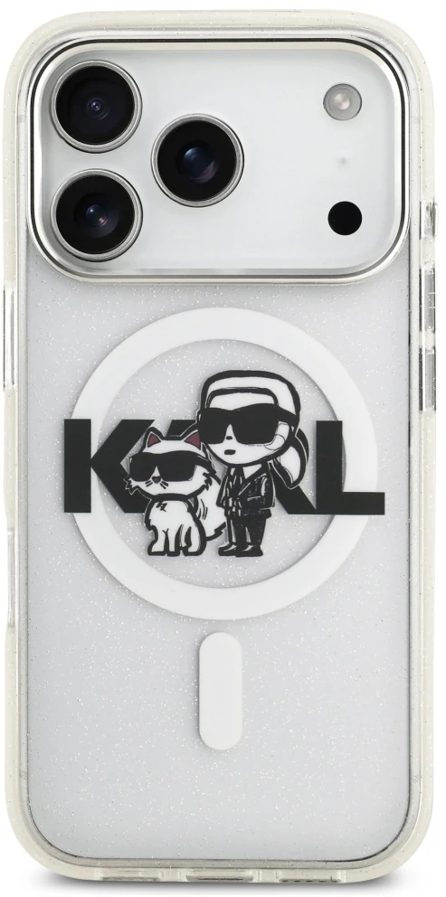 Originalus dėklas Karl Lagerfeld IML blizgučiams Karl & Choupette Sketch Logo Magsafe dėklas Apple iPhone 17 Pro skaidrus