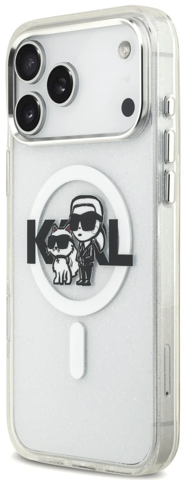 Karl Lagerfeld IML Glitter Karl & Choupette Sketch Logo MagSafe dėklas, skirtas iPhone 17 Pro Max, skaidrus