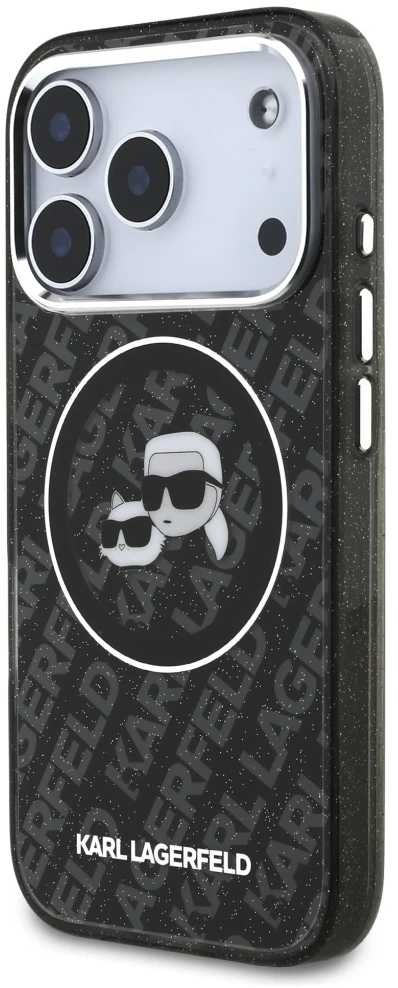 Dėklas Karl Lagerfeld IML Glitter Karl & Choupette Heads Logo MagSafe, skirtas iPhone 17 Pro, juodas