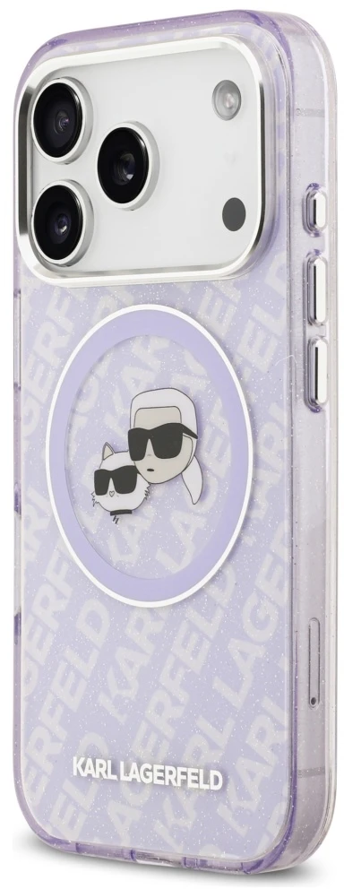Karl Lagerfeld IML Glitter Karl & Choupette Heads Logo MagSafe dėklas skirtas Apple iPhone 17 Pro Violetinė