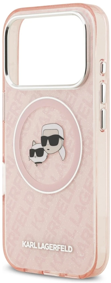 Karl Lagerfeld IML Glitter Karl & Choupette Heads Logo MagSafe dėklas iPhone 17 Pro rožinės spalvos