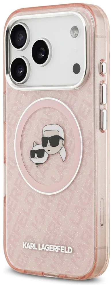 Karl Lagerfeld IML Glitter Karl & Choupette Heads Logo MagSafe dėklas iPhone 17 Pro rožinės spalvos