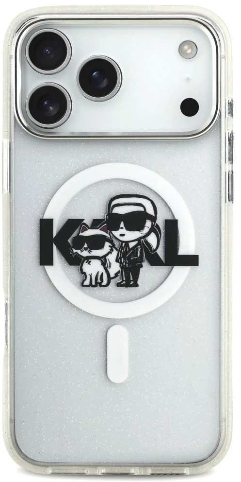 Karl Lagerfeld IML Glitter Karl & Choupette Sketch Logo MagSafe dėklas, skirtas iPhone 17 Pro Max, skaidrus