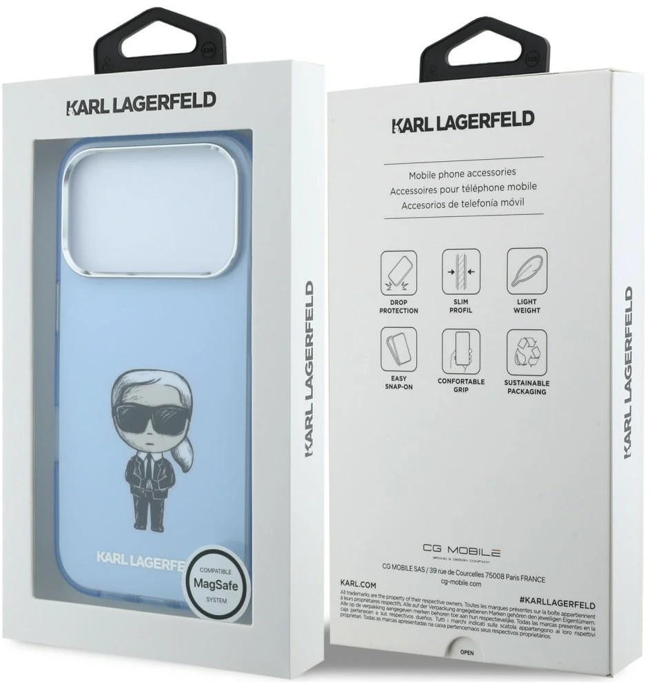 Karl Lagerfeld IML Ikonik Sketch Print MagSafe dėklas, skirtas iPhone 18 Pro Max / 17 Pro Max, šviesiai mėlynas