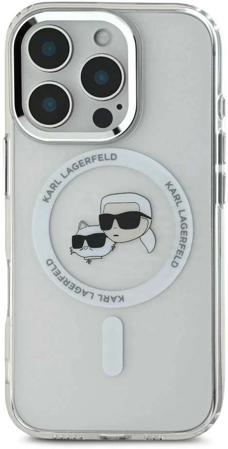 Karl Lagerfeld KLHMP16LHLSKCH Apple iPhone 16 Pro 6.3″ baltos spalvos kietas dėklas IML Metal Karl&Choupette Head M
