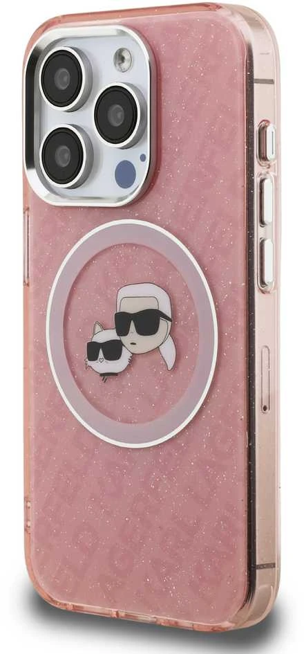 Karl Lagerfeld IML K&CH Heads Repeated Logo MagSafe dėklas Apple iPhone 15 Pro Max rožinės spalvos