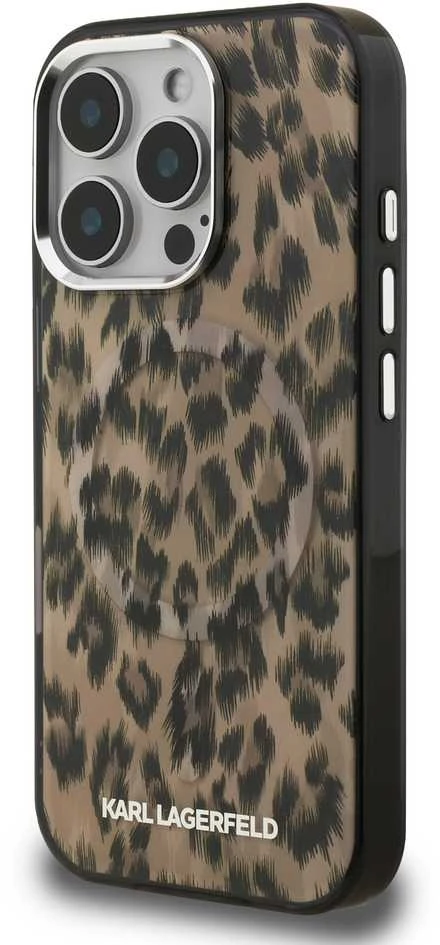 Karl Lagerfeld IML Leopard MagSafe dėklas Apple iPhone 16 Pro rudos spalvos
