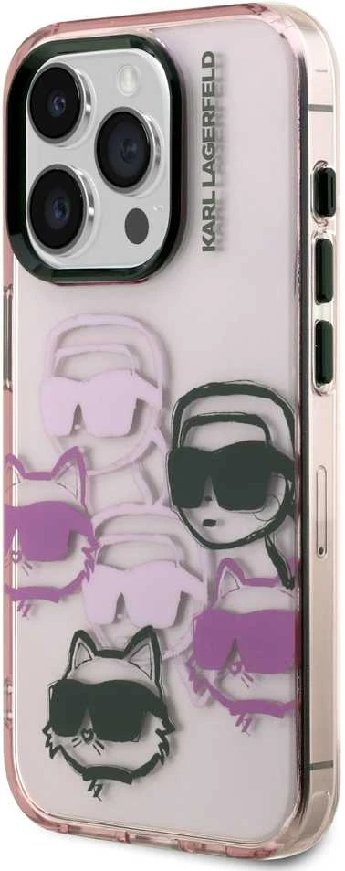 Karl Lagerfeld IML Multi K&CH Heads dėklas Apple iPhone 15 Pro rožinės spalvos
