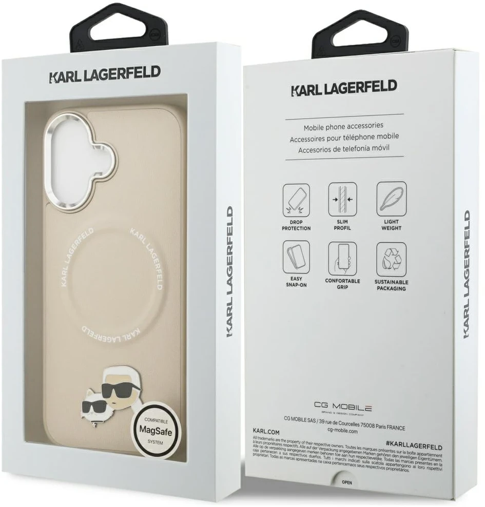 Karl Lagerfeld Karl & Choupette Pins MagSafe dėklas, skirtas iPhone 17, smėlio spalvos