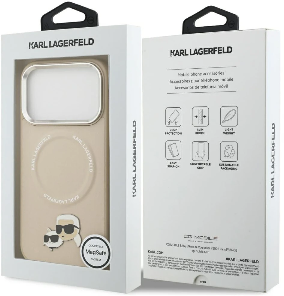 Karl Lagerfeld Karl & Choupette Pins MagSafe dėklas, skirtas iPhone 17 Pro Max, smėlio spalvos