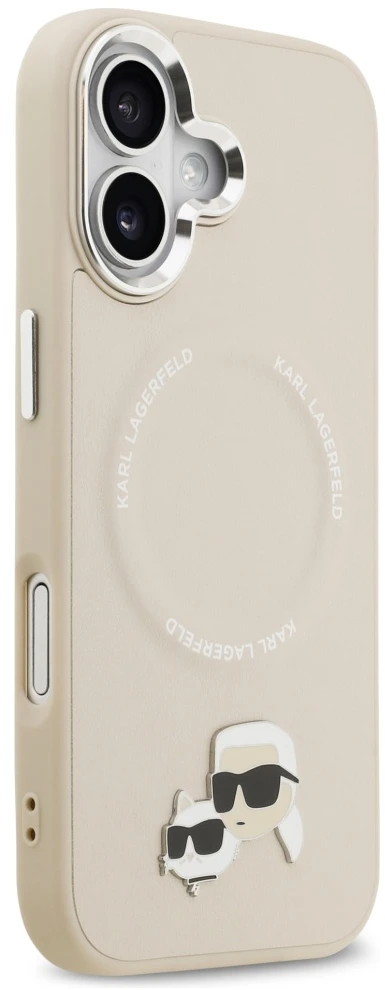 Karl Lagerfeld Karl & Choupette Pins MagSafe dėklas, skirtas iPhone 17, smėlio spalvos