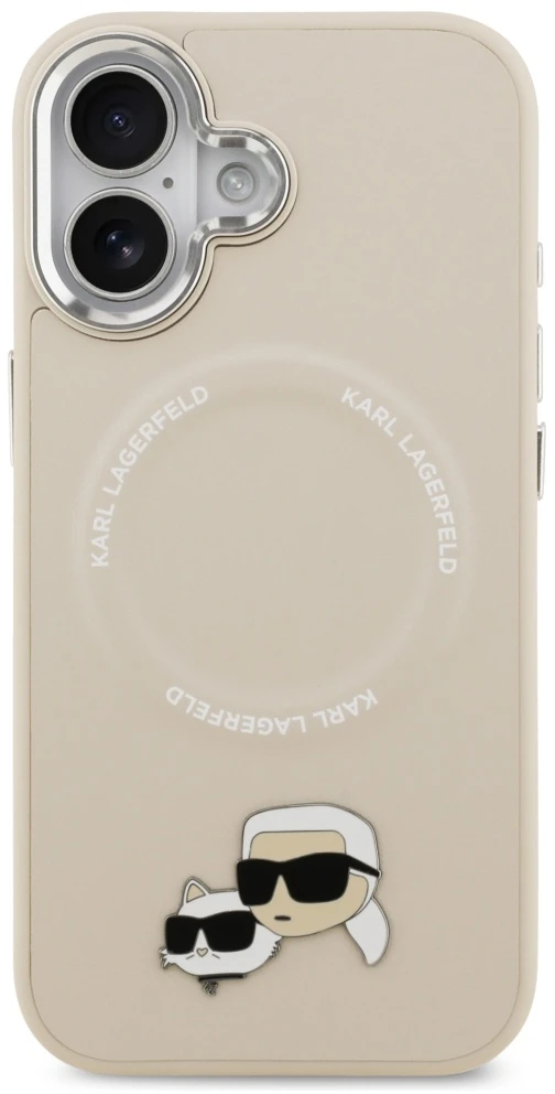 Karl Lagerfeld Karl & Choupette Pins MagSafe dėklas, skirtas iPhone 17, smėlio spalvos