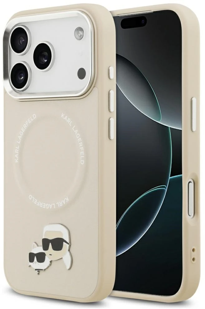 Karl Lagerfeld Karl & Choupette Pins MagSafe dėklas, skirtas iPhone 17 Pro Max, smėlio spalvos