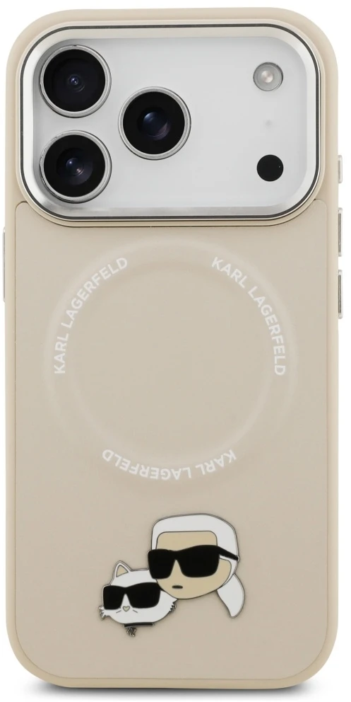 Karl Lagerfeld Karl & Choupette Pins MagSafe dėklas, skirtas iPhone 17 Pro Max, smėlio spalvos