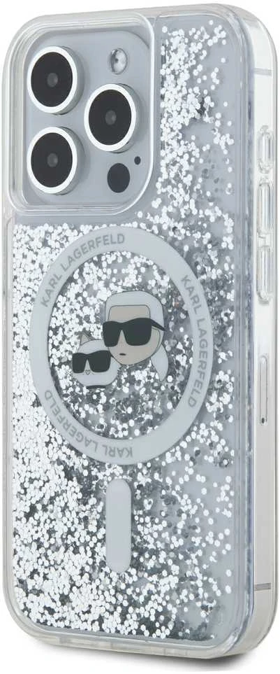 Karl Lagerfeld Liquid Glitter Karl and Choupette Heads MagSafe dėklas telefonui Apple iPhone 15 Pro Max skaidrus