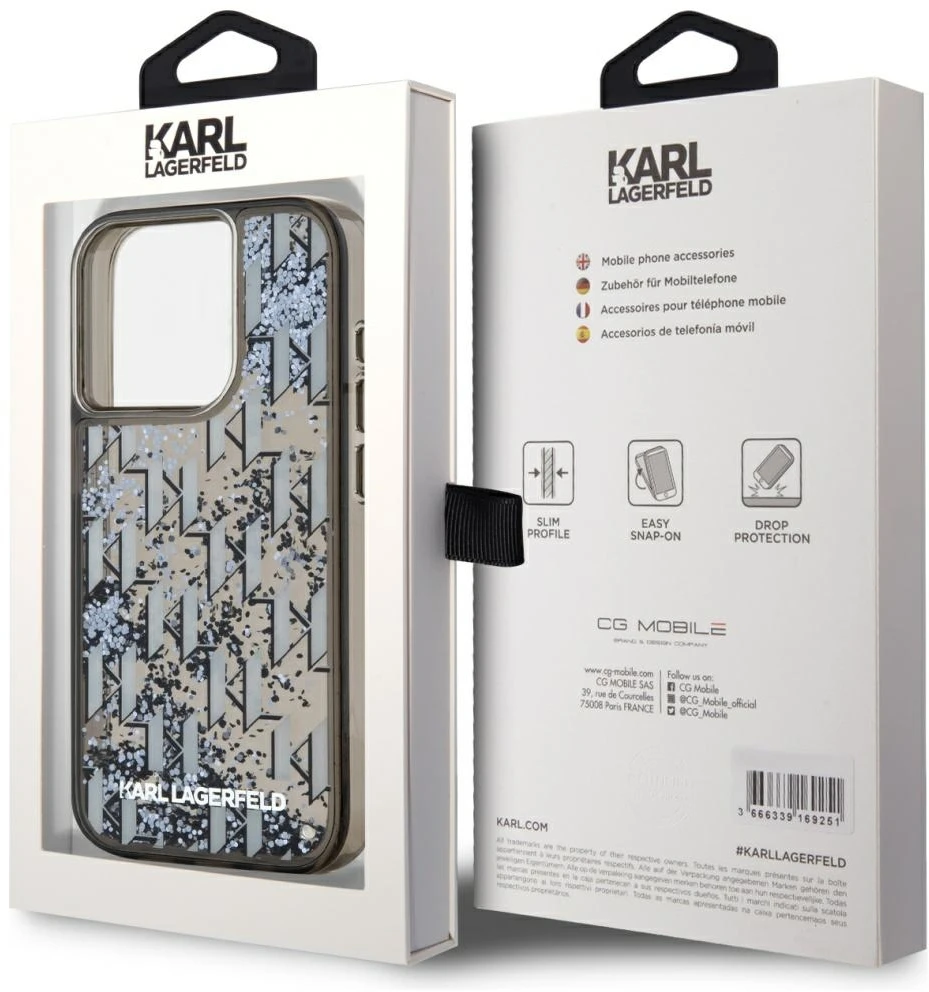 Dėklas Karl Lagerfeld Liquide Glitter Monogram Gradient Apple iPhone 15 Pro juodos spalvos
