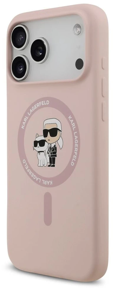 Karl Lagerfeld Liquid Silicone Karl and Choupette MagSafe dėklas, skirtas iPhone 18 Pro Max, rožinis