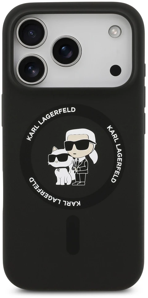 Karl Lagerfeld Liquid Silicone Karl and Choupette MagSafe dėklas, skirtas iPhone 18 Pro Max, juodas