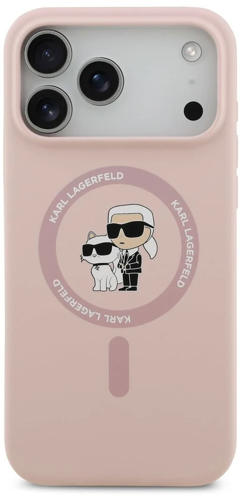 Karl Lagerfeld Liquid Silicone Karl and Choupette MagSafe dėklas, skirtas iPhone 18 Pro Max, rožinis
