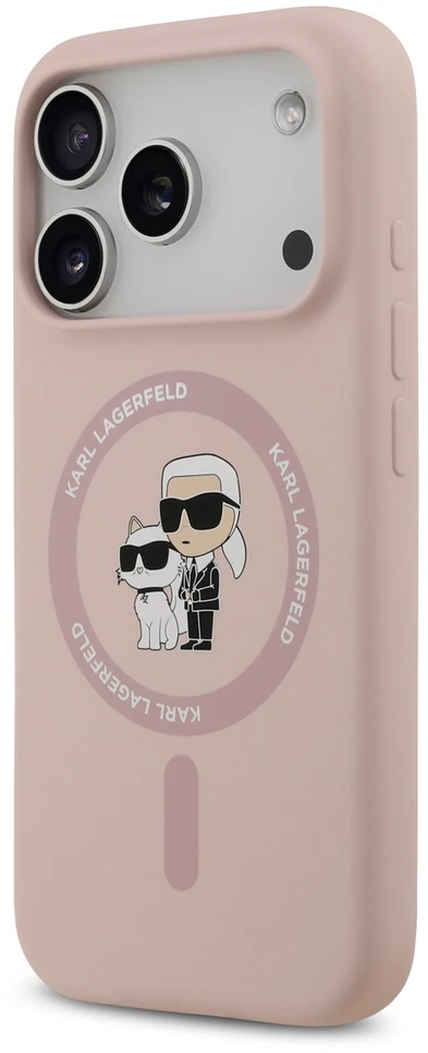 Karl Lagerfeld Liquid Silicone Karl and Choupette MagSafe dėklas, skirtas iPhone 18 Pro, rožinis