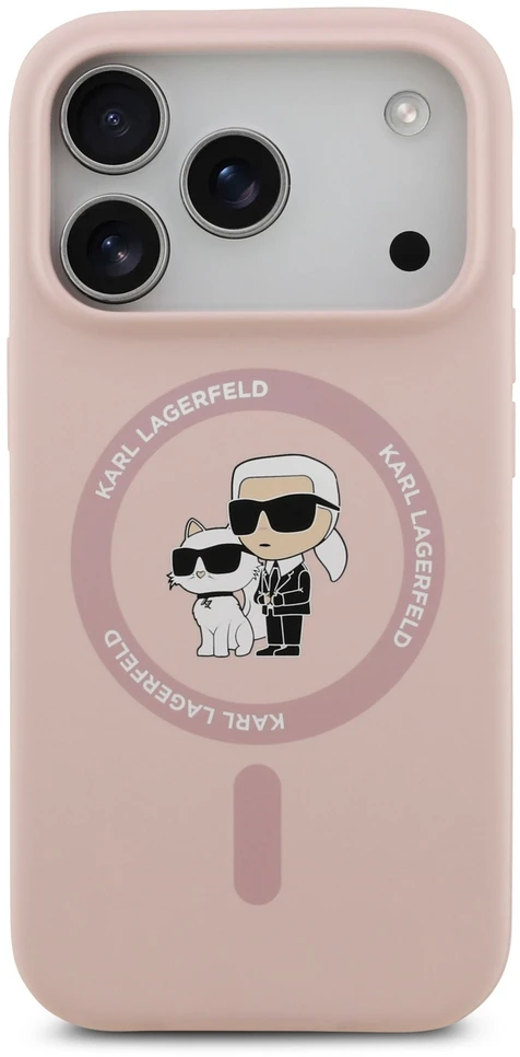 Karl Lagerfeld Liquid Silicone Karl and Choupette MagSafe dėklas, skirtas iPhone 18 Pro, rožinis