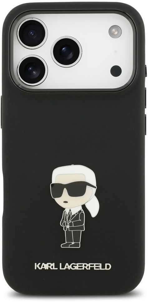 Karl Lagerfeld Liquid Silicone Metal Ikonik dėklas skirtas Apple iPhone 17 Pro juodos spalvos