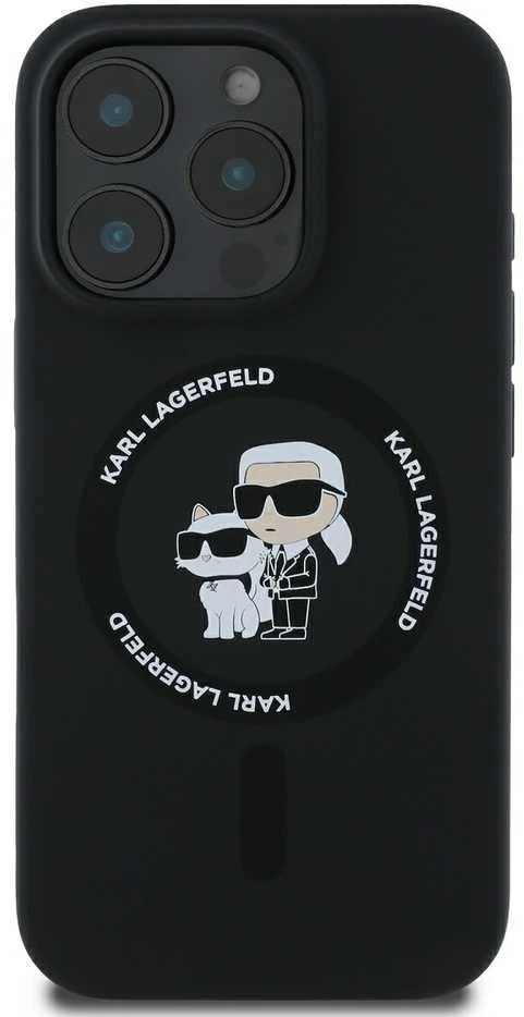 Karl Lagerfeld Liquid Silicone Karl and Choupette MagSafe dėklas skirtas Apple iPhone 16 Pro juodos spalvos