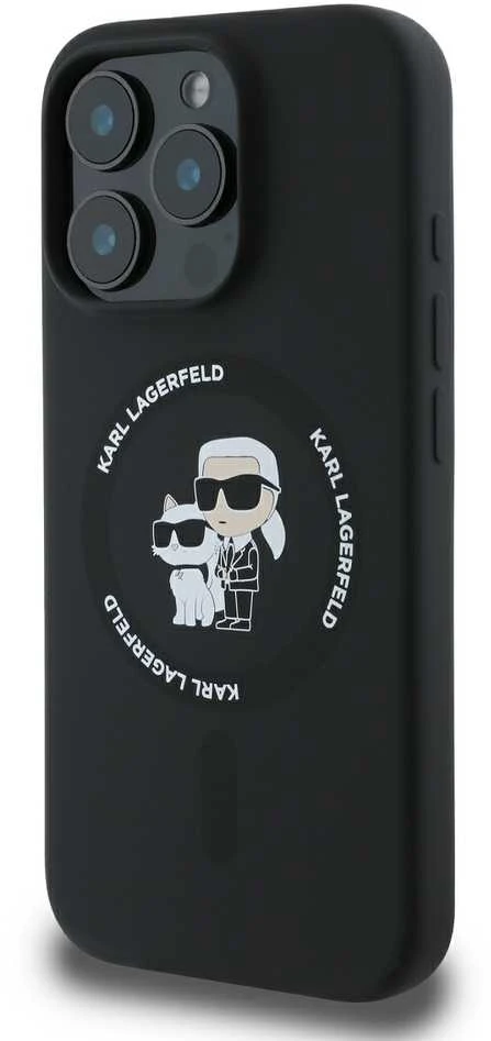 Karl Lagerfeld Liquid Silicone Karl and Choupette MagSafe dėklas skirtas Apple iPhone 16 Pro juodos spalvos