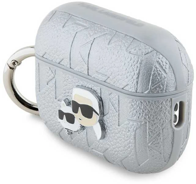 Karl Lagerfeld PU Embossed Karl and Choupette Heads dėklas ausinėms AirPods Pro 2 sidabrinės spalvos