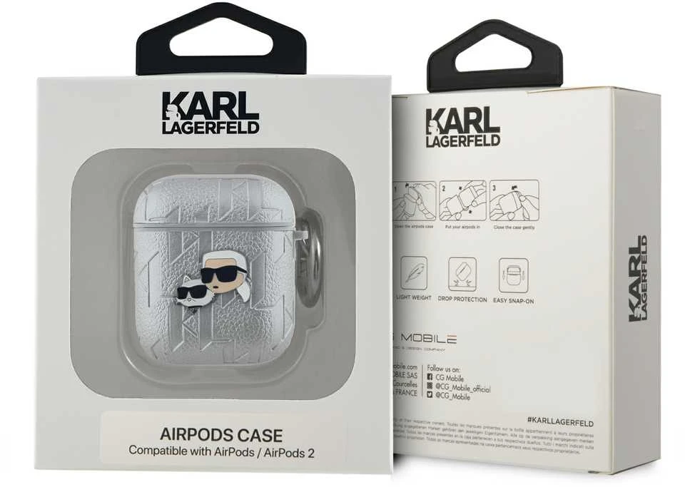 Karl Lagerfeld PU Embossed Karl and Choupette Heads dėklas ausinėms AirPods 1/2 sidabrinės spalvos