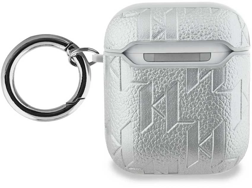 Karl Lagerfeld PU Embossed Karl and Choupette Heads dėklas ausinėms AirPods 1/2 sidabrinės spalvos