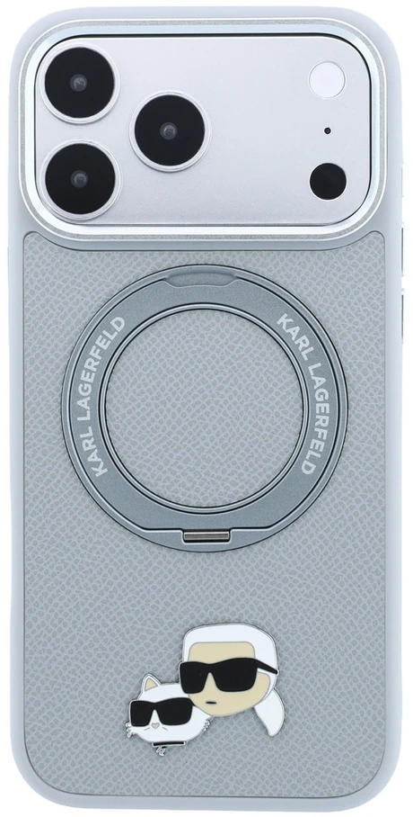 Karl Lagerfeld PU Grained K&CH Heads Ring Stand Magsafe dėklas, skirtas iPhone 18 Pro Max, pilkas