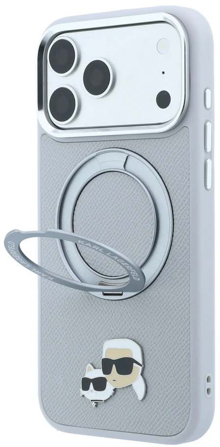 Karl Lagerfeld PU Grained K&CH Heads Ring Stand Magsafe dėklas, skirtas iPhone 18 Pro Max, pilkas