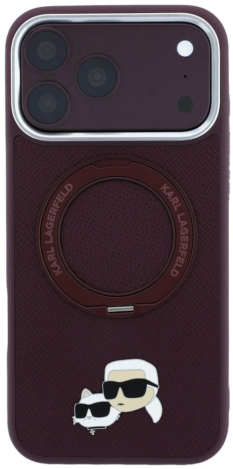 Karl Lagerfeld PU Grained K&CH Heads Ring Stand Magsafe dėklas, skirtas iPhone 18 Pro Max, bordo spalvos