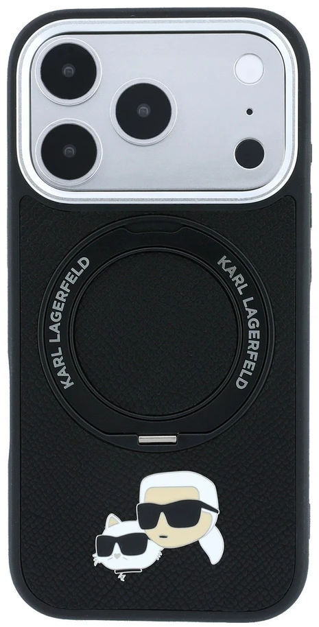 Karl Lagerfeld su žiediniu stovu 360 Karl & Choupette Heads Pin MagSafe dėklas iPhone 18 Pro / 17 Pro - Juodas