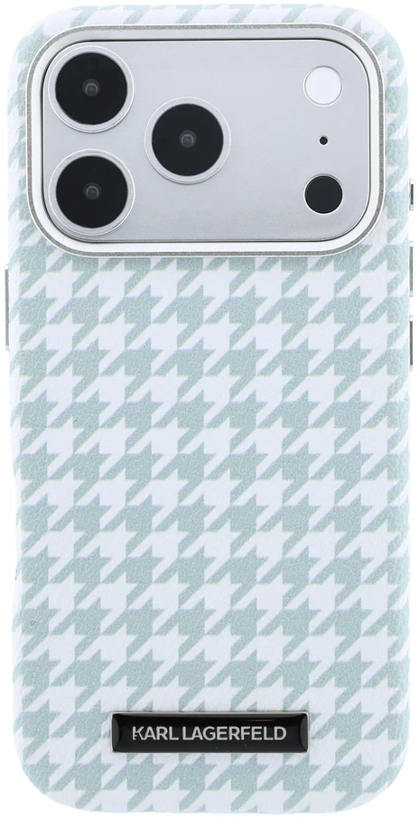 Karl Lagerfeld PU Houndstooth Resin Plate MagSafe dėklas, skirtas iPhone 17 Pro, mėlynas
