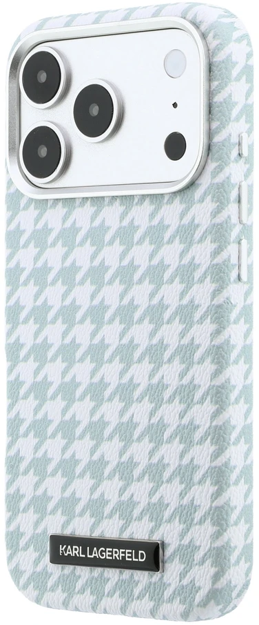 Karl Lagerfeld PU Houndstooth Resin Plate MagSafe dėklas, skirtas iPhone 17 Pro, mėlynas