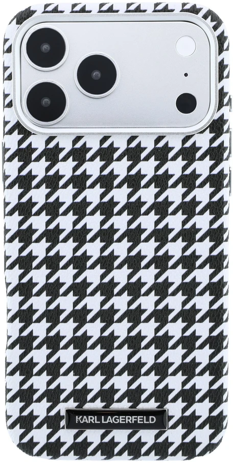 Karl Lagerfeld PU Houndstooth Resin Plate MagSafe dėklas skirtas iPhone 17 Pro Max juodos spalvos