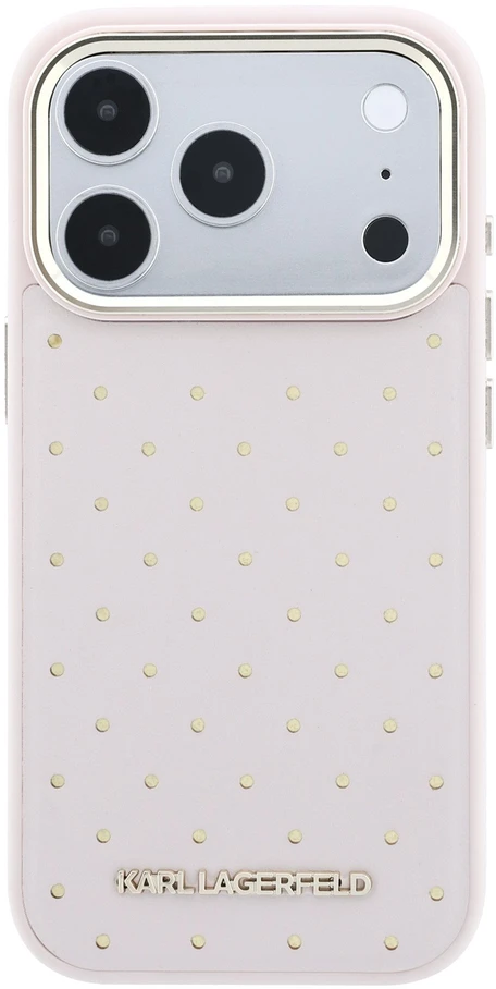 Karl Lagerfeld PU Perforated Gold Dots MagSafe dėklas skirtas Apple iPhone 17 Pro rožinės spalvos