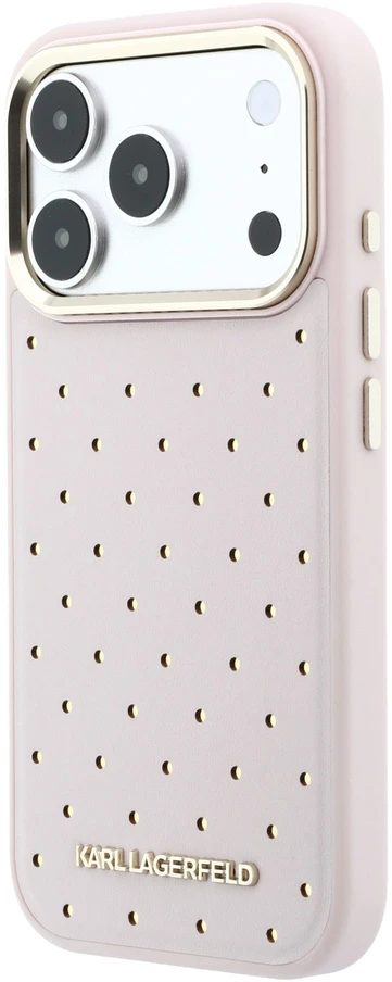 Karl Lagerfeld PU Perforated Gold Dots MagSafe dėklas skirtas Apple iPhone 17 Pro rožinės spalvos