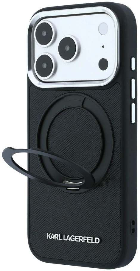 Dėklas Karl Lagerfeld case for IPHONE 18 Pro Max/17 Pro Max compatible with MagSafe (Ring Stand 360 Saffiano Classic Logo) juodas